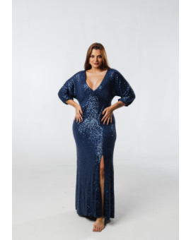 Vestido Azul Marinho Paetê Manga Morcego