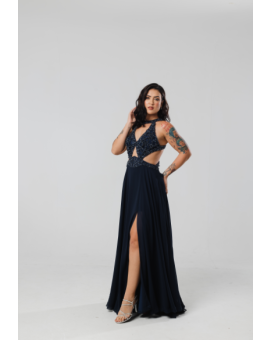 Vestido Azul Marinho Tronco Bordado