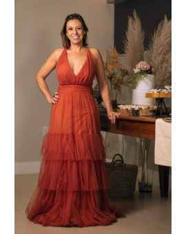 Vestido Longo Tule Terracota