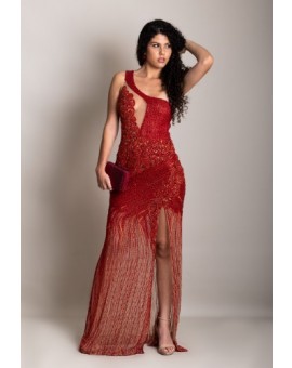 Vestido Pavão Bordado Vermelho com Fenda