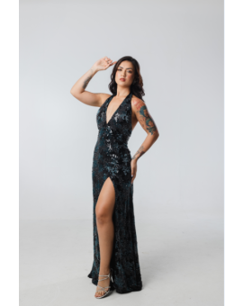 Vestido Azul Marinho e Preto Bordado