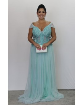 Vestido Verde Tiffany Bordado em Tule