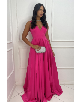 Vestido Pink Acetinado Alcinha e Fenda