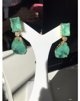 Brinco Verde Gota e Retângulo