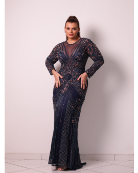 Vestido Azul Marinho e Cobre Bordado
