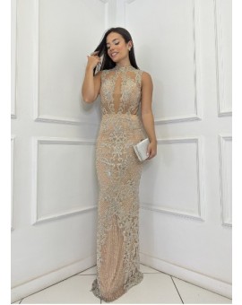 Vestido Tule Nude e Todo bordado em Prata