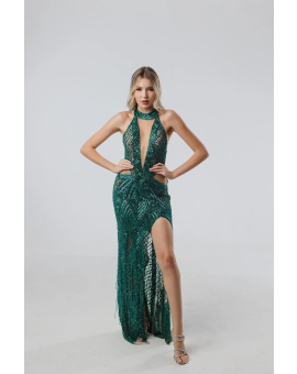 Vestido Verde Esmeralda Bordado Frente Única