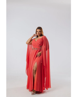 Vestido Coral Alça com Capa 