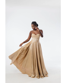 Vestido Dourado Saia Evasê Corset Bordado