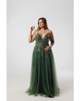 Vestido Tule Verde Oliva Alcinha Tronco Bordado