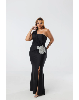 Vestido Preto Ombro Único Drapeado Flor