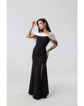 Vestido Preto Sereia Ombro a Ombro Branco