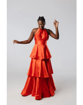 Vestido Laranja/Coral Saia em Camadas