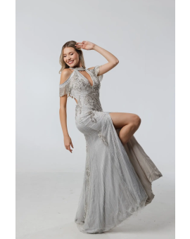 Vestido Prata Bordado Franja no Braço