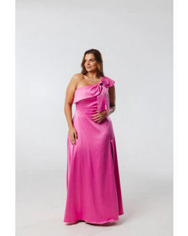Vestido Pink Ombro Único com Laço e Fenda