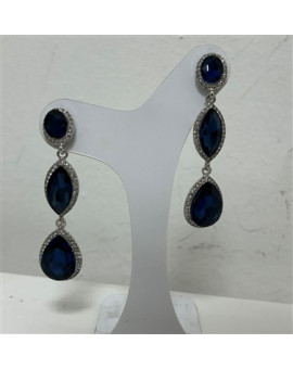 Brinco Azul Marinho 3 Pedras com Strass Prata