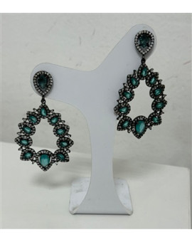Brinco Pendurado Pedras Turquesa e Strass Prata