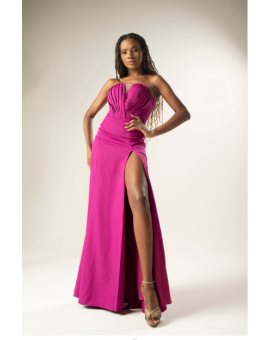 Vestido Longo Fúcsia Busto Plissado 