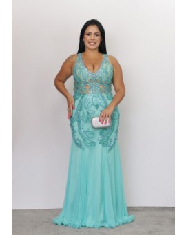 Vestido Sereia Bordado Verde Tiffany