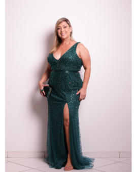 Vestido Verde Esmeralda Bordado Fenda