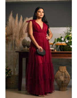 Vestido Marsala Tule Laço Na Alça