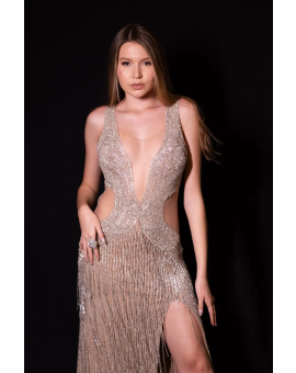 Vestido Prata Bordado com Fenda