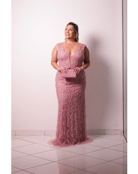 Vestido Rosa Bordado Alça Larga