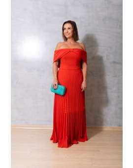 Vestido Terracota Ombro a Ombro Plissado
