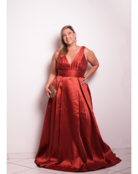 Vestido Terracota Fita e Saia com Pregas