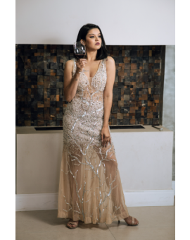 Vestido Nude Bordado Prata e Perola