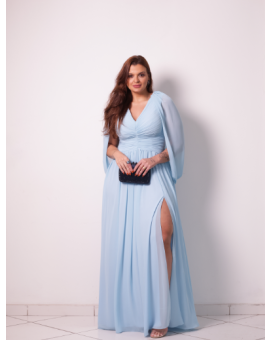 Vestido Azul Serenity Drapeado com Capa e Fenda