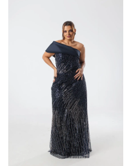 Vestido Azul Marinho e Prata Ombro Único