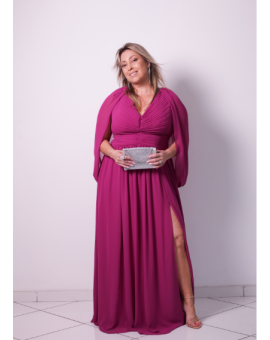 Vestido Fúcsia Drapeado com Capa e Fenda
