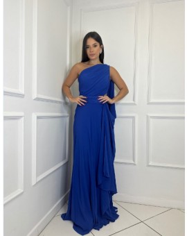 Vestido Azul Royal Um Ombro com Capa