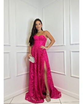 Vestido Pink Renda com Fenda