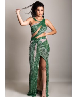 Vestido Bordado Verde com Strass Prata