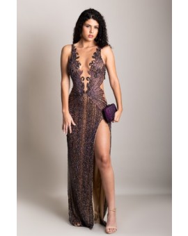 Vestido Bordado Azul com Fenda