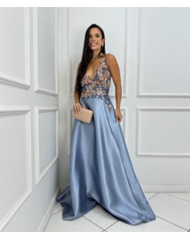 Vestido Alfaiataria Azul Bordado em Flores