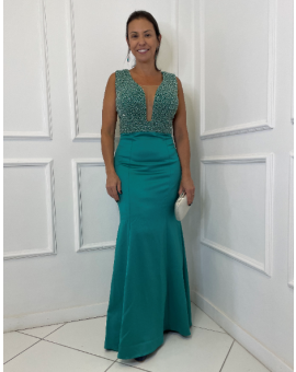 Vestido Sereia Verde Bordado em Pérola