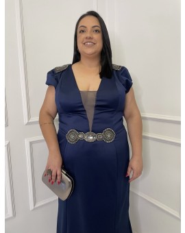 Vestido Marinho Bordado no Ombro e Cintura
