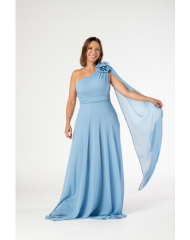 Vestido Azul Serenity Ombro Único Broche Flor