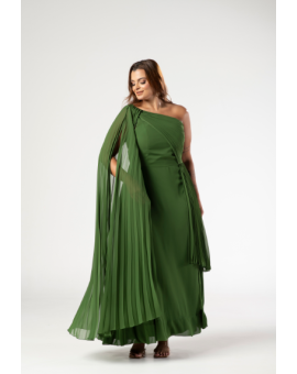 Vestido Verde Oliva Ombro Único Capa Plissado