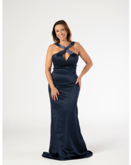 Vestido Azul Marinho Sereia Bordado Cruzado
