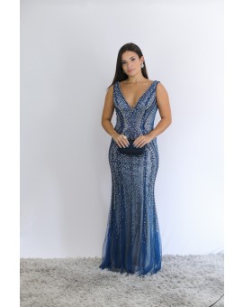 Vestido Azul Sereia Bordado