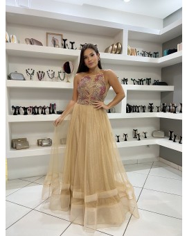 Vestido Nude com Saia Rodada e Busto Bordado