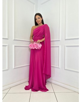 Vestido Pink Um Ombro Com Capa
