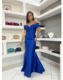Vestido Azul Royal Tafetá Ombro a Ombro