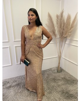 Vestido Paetê Dourado/Rosê Plissado Cintura