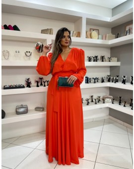 Vestido Coral Manga Longa Trançado Cintura