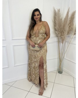 Vestido Dourado Tule com Renda Bordada
